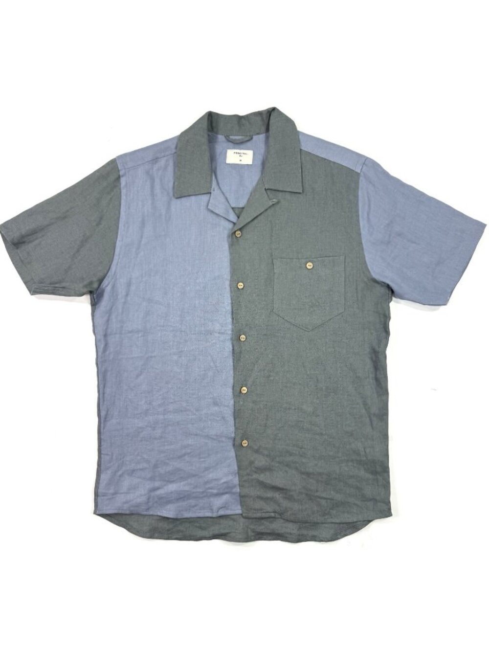 Percival Mens Patchwork Cuban Shirt Sz Medium Camp Collar Short Sleeve Blue Gray